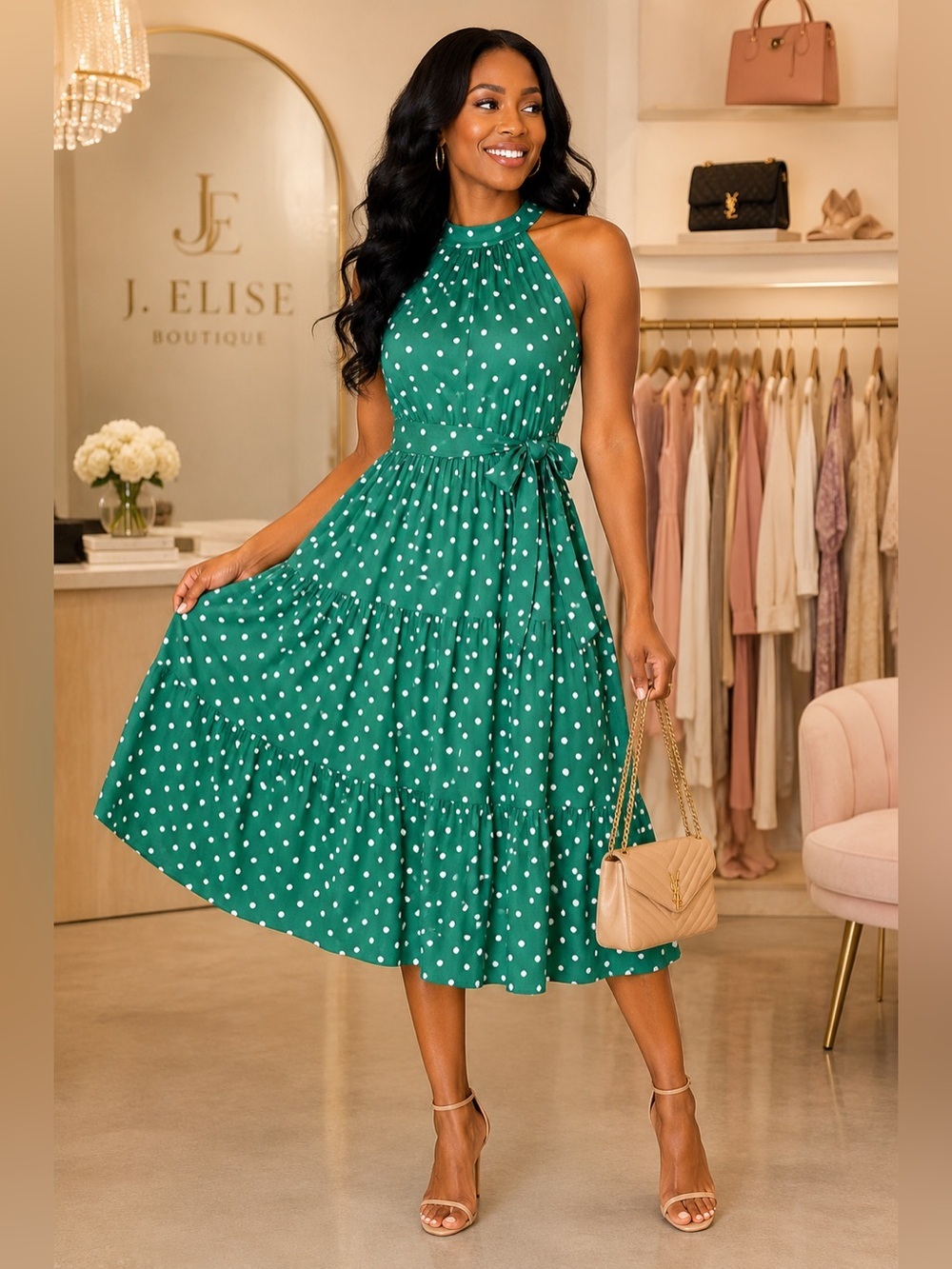 Green Polka Dot Halter Midi Dress | Tiered Waist Tie Dress | Elegant Flowy Dress